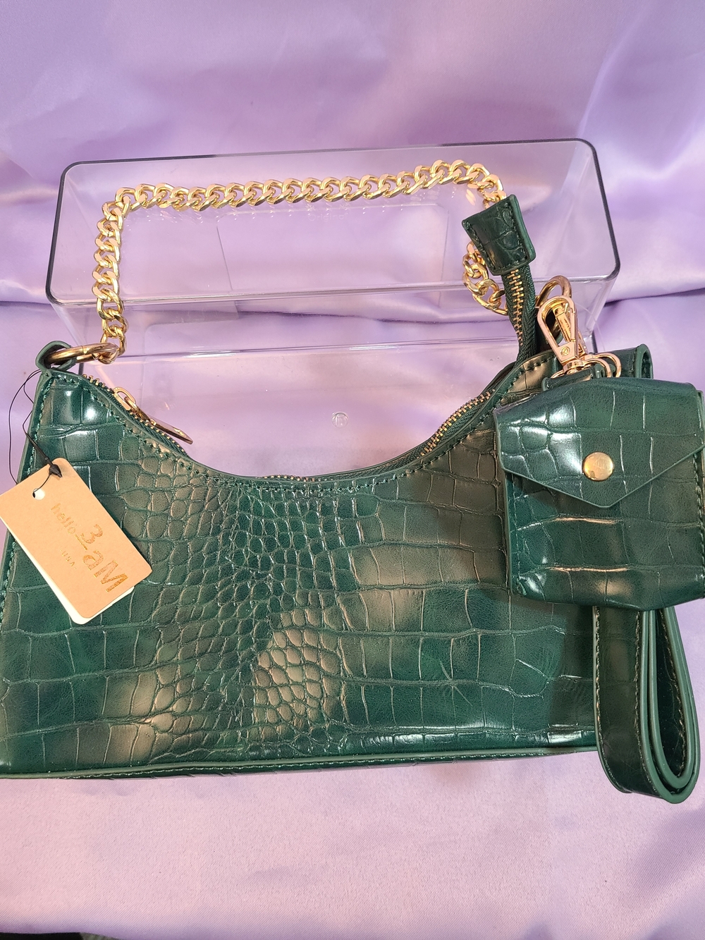 3am Forever, Emerald Croc-Embossed Shoulder Bag with Gold Chain & Mini Pouch
